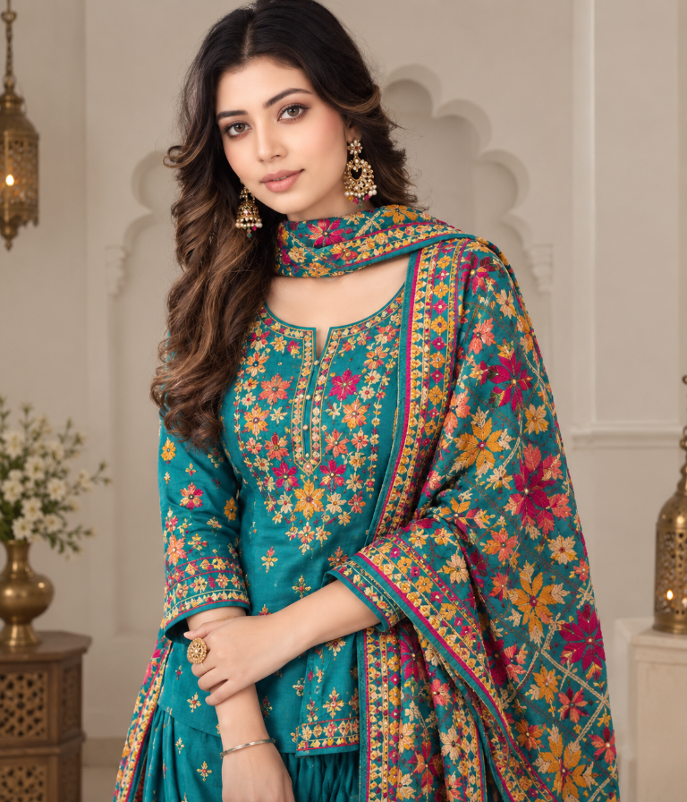 Model wearing a vibrant teal Phulkari suit with multicoloured embroidery
