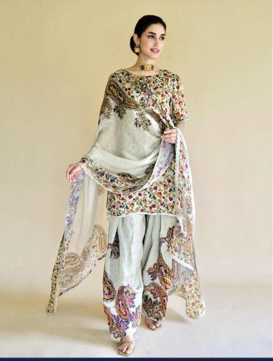 Unstitched Punjabi suit fabric with detailed embroidery